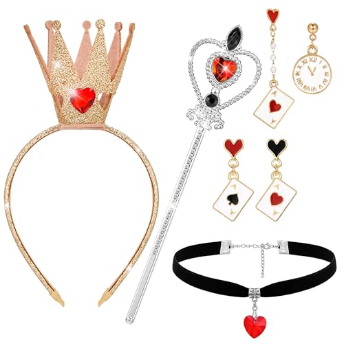 Horolam 5PCS Königin Kostüm Zubehör, Rotes Herz Königin Kostüm Set mit Gold Krone Stirnband Königin Zauberstab Herz Halskette und Ohrringe für Frauen Mädchen für Cosplay Dress up Party von Horolam