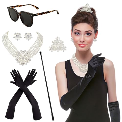 Horolam 6PCS 1920er Accessoires, Holly Golightly Kostüm 20er Jahre Accessoires Perlenkette Ohrringe Handschuhe Sonnenbrille für Frauen (retro) von Horolam