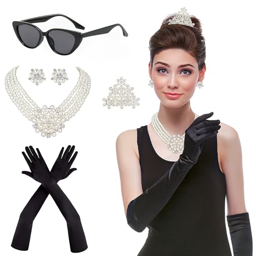 Horolam 6PCS 1920er Accessoires, Holly Golightly Kostüm 20er Jahre Accessoires Perlenkette Ohrringe Handschuhe Sonnenbrille für Frauen (mode) von Horolam