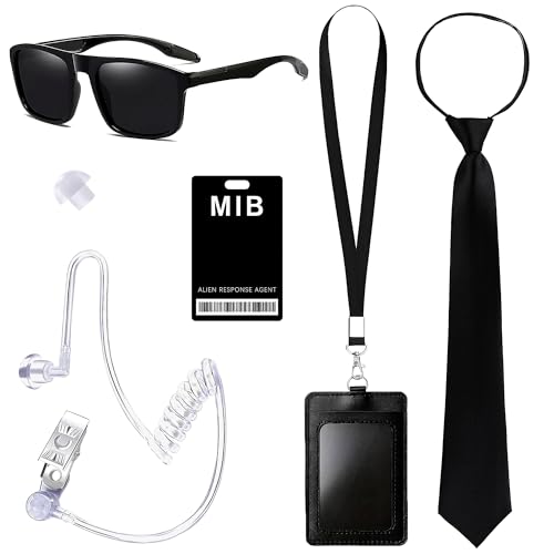 Horolam 6PCS Agent Kostüm Zubehör, Geheimdienst Kostüm Set Spion Kostüm Zubehör mit schwarzer Sonnenbrille Zip Krawatte Hörer ID Karte und Kartenhalter für Männer Frauen Kinder für Cosplay Party von Horolam