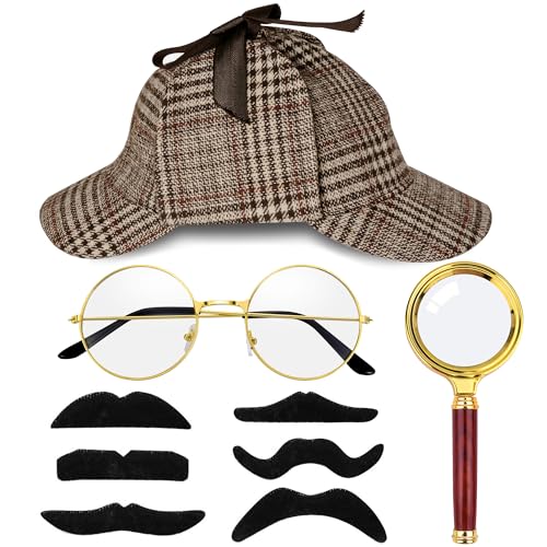 Horolam Detektiv Kostüm Zubehör Set, Detektiv Zubehör Für Erwachsene Männer Frauen Detektiv Outfit Requisiten Mit Braunem Detektiv Hut Lupenbrille Brille Fake Schnurrbart Für Dress up Party (Braun) von Horolam