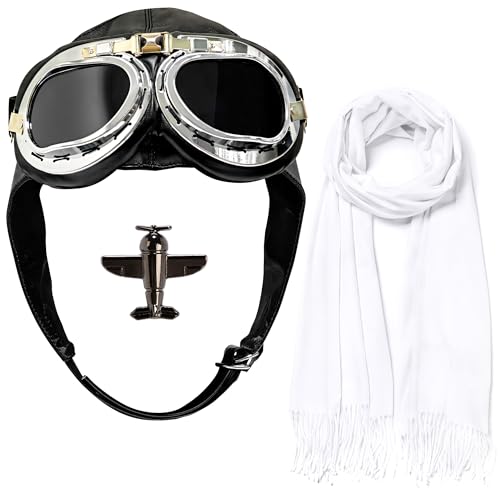 Horolam Flieger Hut Brille Set, Flieger Kostüm Se Pilot Kostüm Zubehör mit weißem Schal Brosche für Männer Erwachsene Frauen (Schwarz) von Horolam