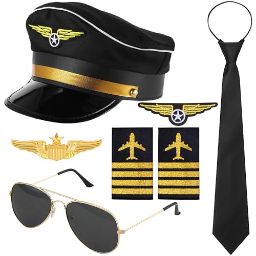 Horolam Pilot Kapitän Kostüm Zubehör, Pilot Kostüm Kit Mit Pilot Kapitän Hut Pin Krawatte Abzeichen Schulterriemen Sonnenbrille Für Erwachsene Männer Für Party Dress up (7 PCS) von Horolam