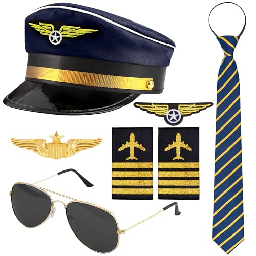 Horolam Pilot Kapitän Kostüm Zubehör, Pilot Kostüm Kit Mit Pilot Kapitän Hut Pin Krawatte Abzeichen Schulterriemen Sonnenbrille Für Erwachsene Männer Für Party Dress up (7 PCS) von Horolam