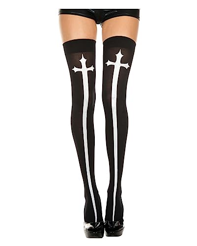 Horror-Shop Gothic Kreuz Overknees für Damen schwarz-weiß von Horror-Shop