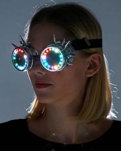 Horror-Shop Leuchtende LED Steampunk Schweißerbrille - Schwarz, Silber - Retro - Steampunk-Brille von Horror-Shop