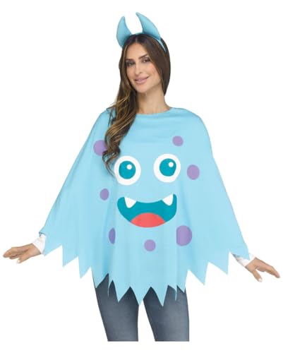 Horror-Shop Monster Poncho in Blau als Halloween Kostüm für Erwachsene: Witziger Poncho mit Monstergesicht und Hörner Haarreifen von Horror-Shop