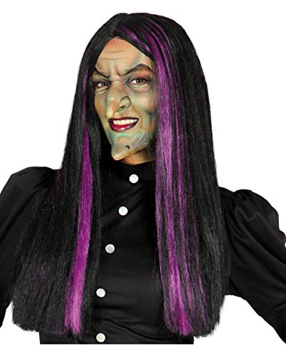 Horror-Shop Schwarze Hexenperücke mit lila Strähnen - Halloween Perücke von Horror-Shop