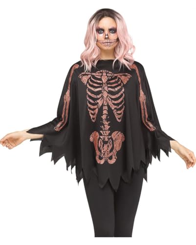 Horror-Shop Schwarzer Glitter Skelett Poncho mit Rosé goldenem Aufdruck von Horror-Shop