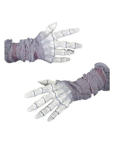 Horror-Shop Skelett Mumie Handschuhe Weiß mit Stofffetzen von Horror-Shop