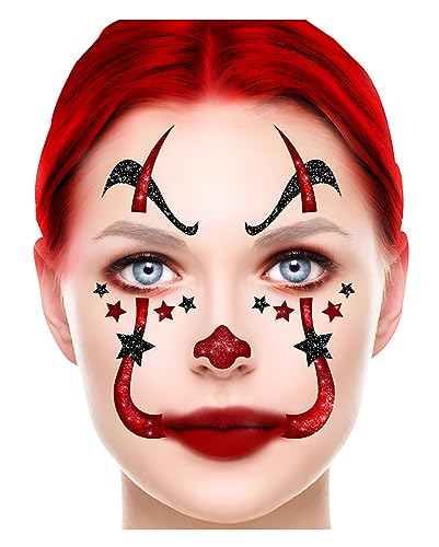 Schwarz-roter Horror-Clown Glitter Gesichts-Aufkleber für Halloween von Horror-Shop