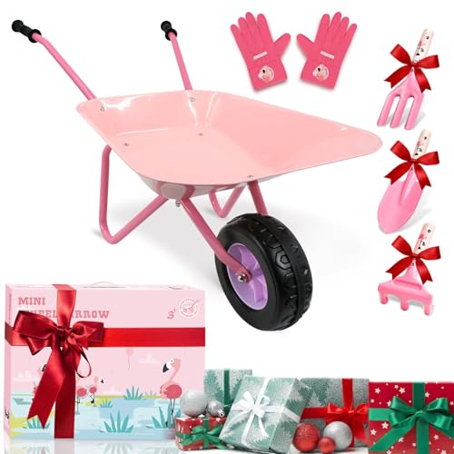 Hortem 5PCS Kinder Schubkarre Set, Metallkonstruktion Radlauf und Gartengeräte, Gartenhandschuh, Geschenke für (Pink) von Hortem