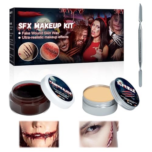 Horuili® Halloween Make Up Set, Scar Wax+Kunstblut für Haut+Doppelschaber, Halloween Spezialeffekte Make-up Kit, Falsche Wunden Schminken für Halloween Zombie Vampir Narben, Wunden von Horuili