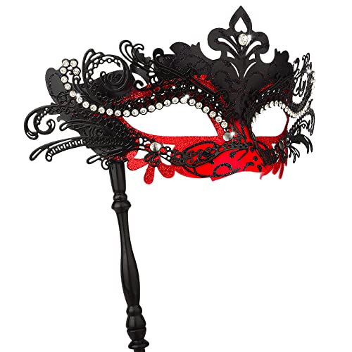 Hoshin Maskenmaske mit Stock, Mardi Gras Deecorations Venezianische Masken für Damen (Rot & Schwarz) von Hoshin