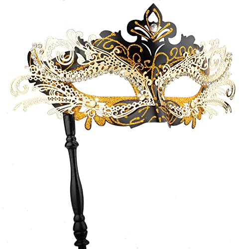 Hoshin Maskenmaske mit Stock, Mardi Gras Deecorations Venezianische Masken für Damen (Schwarz mit Goldener Linie) von Hoshin