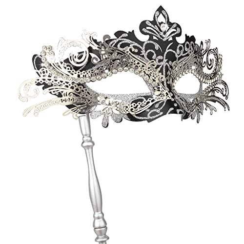 Hoshin Maskenmaske mit Stock, Mardi Gras Deecorations Venezianische Masken für Damen (Schwarz mit Silver Line) von Hoshin