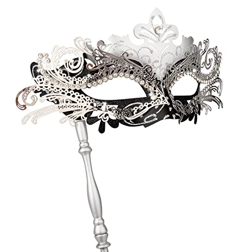 Hoshin Maskenmaske mit Stock, Mardi Gras Deecorations Venezianische Masken für Damen (Silber & Schwarz) von Hoshin