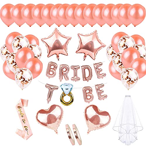 JGA Mit Banner Folienballons Rosegold, Deko Ballons Rosegold Set, Konfetti Luftballons, Schärpe, Brautschleier, Verwendet für Mädchen Abschied Party, Junggesellinnenabschied, Bräute von Hoshisea