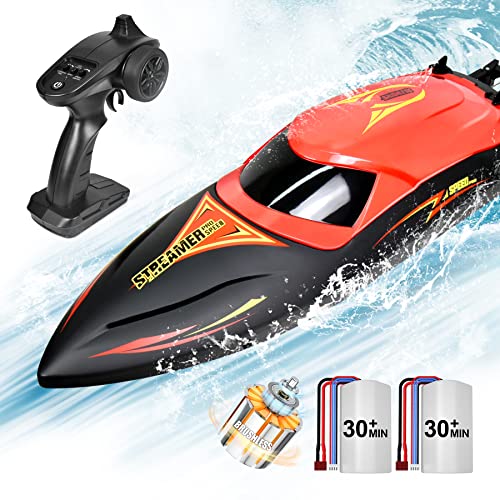 Hosim Brushless ferngesteuertes Boot 48+ KM/H, High Speed RC Schiff mit LED Beleuchtung, Rennboot mit 2X 3S Batterien Spielzeug Geschenk für Kinder und Erwachsene (Rot) von Hosim