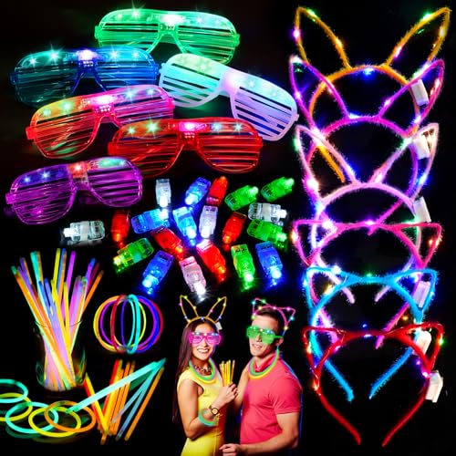 Partyzubehör für Kinder LED-Leuchtspielzeug, 82 Stück Licht Spielzeug Geburtstag Party Zubehör für Kinder Graduierung Geschenke mit 50 Knicklichter Party, 20 Finger Lichter, 6 LED Brille, 6 Haarreif von Hossom