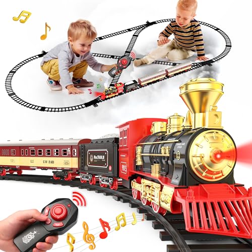 Hot Bee Eisenbahn Kinder Elektrisch Mit Fernbedienung, Zug Spielzeug Für Kinder Ab 3, Elektrischer Zug Mit Dampffunktion, Licht & Sound, Modell Eisenbahn-Set, Zug Mit Schienen Geschenke Für Kinder von Hot Bee