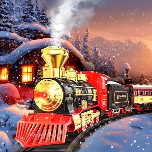 Hot Bee Weihnachtszug mit Fernbedienung, Weihnachtszug um den Baum, Elektrischer Weihnachtsbaum-Zug mit Dampffunktion, Licht & Sound, Modell Eisenbahn-Set für Weihnachten, Eisenbahn Kinder Elektrisch von Hot Bee