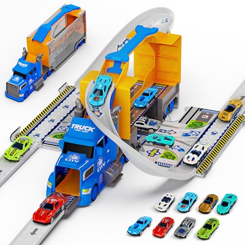 Hot Bee Truck Racing Spielzeug Set,Eingebaute Rennstrecke,Spielzeug-LKW 8-In-1, 8 Zwei Rennwagen und 7 Verkehrsschilder,Spielzeug füR Kinder von 1-6 Jahren von Hot Bee