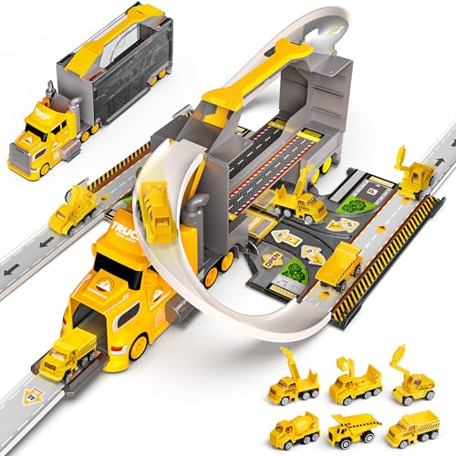 Hot Bee LKW Spielzeug Auto Set Montage GroßE LKW Spielzeug DIY 7-In-1，Das Beinhaltet Transporter, öLtanker, Karren, Bagger und Krauren，Baustellenfahrzeuge Kinder，Kinderspielzeug ab 3 Jahre(Gelb) von Hot Bee