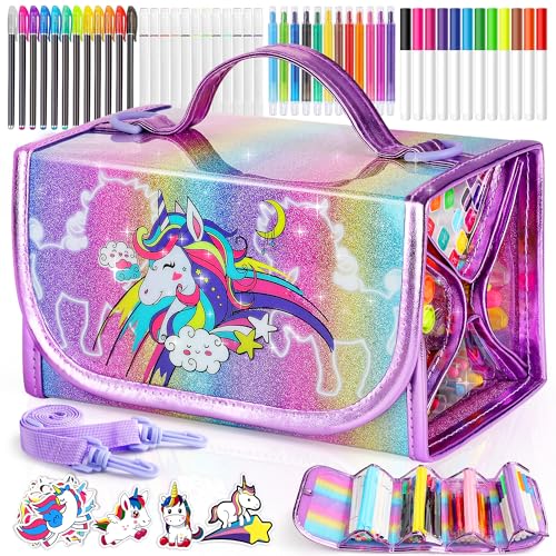 Hot Bee Filzstifte Glitzerstifte Mädchen, Einhorn Federmäppchen, Einhorn Geschenke für Mädchen, Spielzeug ab 3-7 Jahre Mädchen, Mädchen Geschenke 3-7 Jahre, Bastelset Kinder 3-6 jahre von Hot Bee