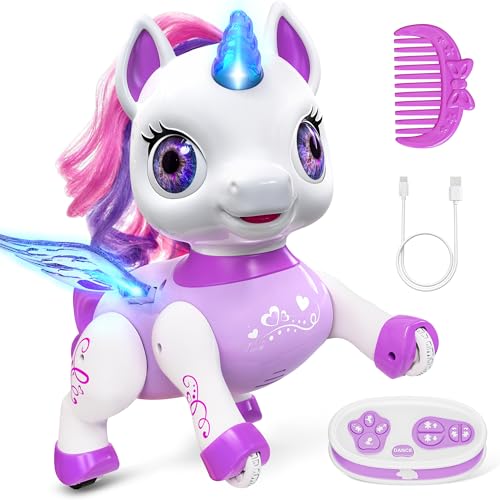 Hot Bee Einhorn Roboter für Mädchen, Geschenk für Kinder 3 4 5Jahre, Wiederaufladbar RC Roboter Einhörner mit LED-Flügeln, Musik & Tanzend, Elektrisches Roboter Spielzeug Geschenke mit Ferngesteuertes von Hot Bee