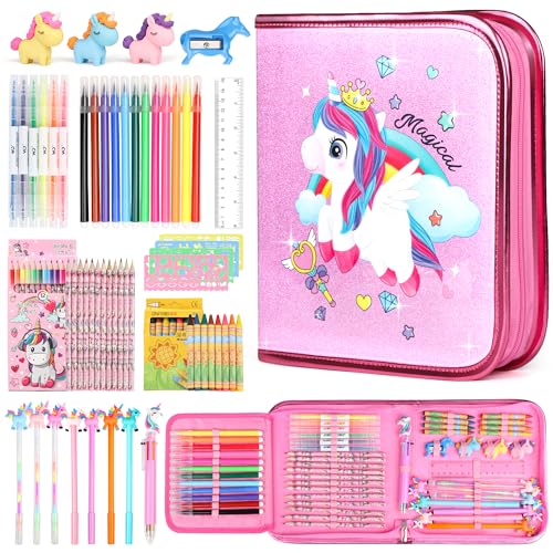 Hot Bee Einhorn Federmäppchen, Einhorn Geschenke für Mädchen, Spielzeug ab 3-7 Jahre Mädchen, Filzstifte Glitzerstifte Mädchen, Mädchen Geschenke 3-7 Jahre, Bastelset Kinder 3-6 Jahre von Hot Bee