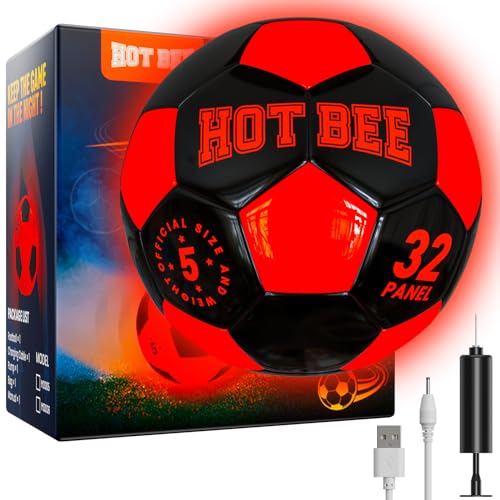 Hot Bee Leuchtender Fußball Wiederaufladbar Fußball Leder LED Fussball mit Tasche Fußball Geschenke für 8–12 Jungen Kinder Teen Weihnachten Geburtstagen Geschenke Spielzeug für Jungen ab 9 10 11 12+ von Hot Bee