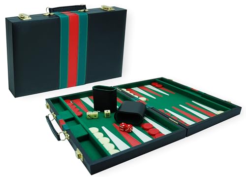 Backgammon Koffer 38 cm Schwarzer Kunststoff mit grün/roter Band von Hot Games