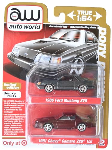 Auto World 1986 Ford Mustang SVO und 1991 Chevy Camaro Z28 1LE, Pony Power 2 Pack von Hot Wheels