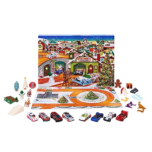 Hot Wheels Adventskalender - 8 Autos und 16 winterliche Zubehörteile hinter 24 nummerierten Türchen, inklusive Spielmatte, für Kinder Fans, HKL74 von Hot Wheels