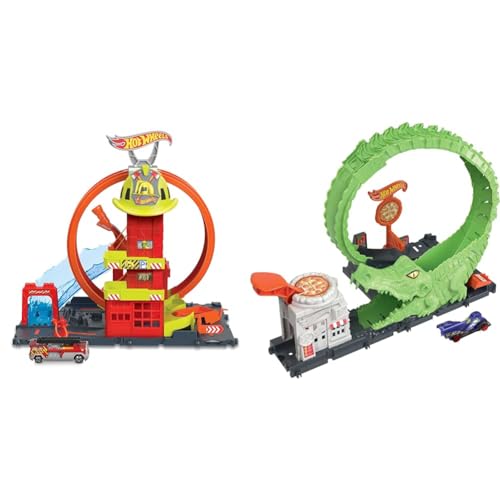 HOT WHEELS City Super-Looping Feuerwache & Spielset Krokodilangriff - Rennbahn, Looping, Spirale, Verstellbarer Schwanz, Pizzeria-Design, für Kinder ab 4 Jahren, HKX39 von Hot Wheels