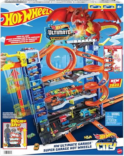 Hot Wheels Let's Race Netflix - Ultimative Garage - Mehrere Ebenen Parkgarage, 3ft hoch, mit 2 Die-Cast-Autos, ab 5 Jahren, Rennspaß, Stunt-Abenteuer, Drachenkampf, Autowaschanlage, Fahrstuhl, HKX48 von Hot Wheels