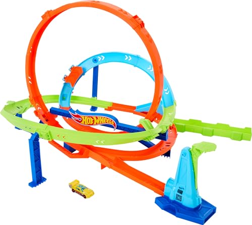 HOT WHEELS Let's Race Netflix - Looping-Zyklon-Challenge - Action-Trackset mit 2 Spielmöglichkeiten, Bumerang-Loopings und Fahrzeug im Maßstab 1:64, mit Tragegriff, ab 4 Jahren, HXM94 von Hot Wheels