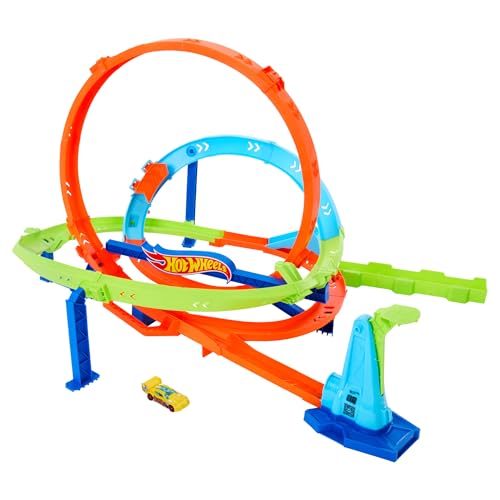 HOT WHEELS Let's Race Netflix - Looping-Zyklon-Challenge - Action-Trackset mit 2 Spielmöglichkeiten, Bumerang-Loopings und Fahrzeug im Maßstab 1:64, mit Tragegriff, ab 4 Jahren, HXM94 von Hot Wheels