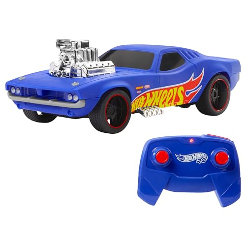 Hot Wheels Ferngesteuertes Auto Rogdger Dodger - Ferngesteuertes Fahrzeug im Maßstab, blitzender Chrommotor und -auspuff, auffälliges blaues Styling mit Flammenlogo, für Sammler und Kinder, HTP54 von Hot Wheels