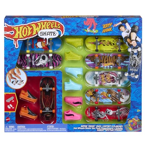 Hot Wheels Skate Rippin' Tricks Pack - 8 Fingerboards und 4 Paar Skateboard-Schuhe mit von Tony Hawk inspirierten Designs, für Kinder ab 5 Jahren, HMY19 von Hot Wheels