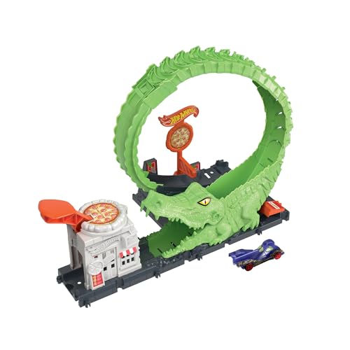 HOT Wheels Spielset Krokodilangriff - Rennbahn, Looping, Spirale, Verstellbarer Schwanz, Pizzeria-Design, für Kinder ab 4 Jahren, HKX39 von Hot Wheels