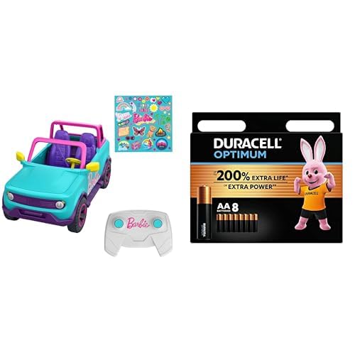 HOT Wheels Barbie Ferngesteuerter SUV mit Aufklebern, kann 2 Barbie-Puppen Plus Zubehör aufnehmen, individuelle Gestaltung durch aufklebbare Sticker, HTP53 + Duracell Optimum Batterien AA, 8 Stück, bi von Hot Wheels