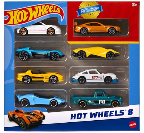 Hot Wheels, Set mit 8 Basic-Spielzeugautos und -Trucks im Maßstab 1:64, inklusive 1 exklusivem Fahrzeug, im Laufe des Jahres erschienen Verschiedene Sortimente, Stil kann abweichen, HPV78 von Hot Wheels