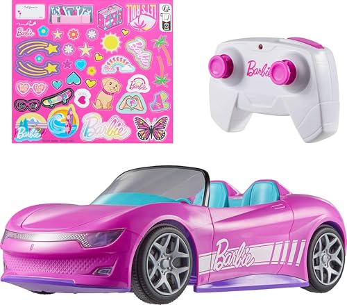 Hot Wheel Ferngesteuertes Hot Wheels Barbie Spielzeugauto, ferngesteuertes pinkfarbenes Cabrio, Platz für 2 Barbie-Puppen und Kofferraum lässt sich zum Aufbewahren von Zubehör öffnen, Stickerbogen für individuelle Gestaltungsmöglichkeiten, JBH05 von Hot Wheels