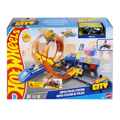 Hot Wheels Spielzeugauto Streckenset, Super Polizeiwache-Spielset mit Die-Cast-Fahrzeug im Maßstab 1:64 und anpassbaren Loopings für unterschiedliche Renn- und Stuntmöglichkeiten, JBM71 von Hot Wheels