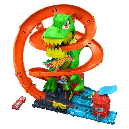 Hot Wheels Spielzeugauto Streckenset, City T-Rex-Feuerschlacht Spielset und 1 Die-Cast-Feuerwehrauto im Maßstab 1:64, über 45 cm groß, mehrere Rennausgänge, bewegliche Dinosaurieraugen, JBM73 von Hot Wheels