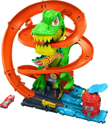 Hot Wheels Spielzeugauto Streckenset, City T-Rex-Feuerschlacht Spielset und 1 Die-Cast-Feuerwehrauto im Maßstab 1:64, über 45 cm groß, mehrere Rennausgänge, bewegliche Dinosaurieraugen, JBM73 von Hot Wheels