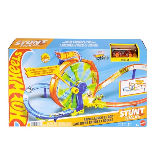 Hot Wheels Spielzeugauto Streckenset, Schnellstart- und Looping-Spielset und Die-Cast-Fahrzeug im Maßstab 1:64, Streckenset mit 8er-Kurve, Crash-Zone und Looping-Kicker, JBX65 von Hot Wheels