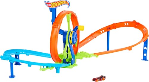 Hot Wheels Spielzeugauto Streckenset, Schnellstart- und Looping-Spielset und Die-Cast-Fahrzeug im Maßstab 1:64, Streckenset mit 8er-Kurve, Crash-Zone und Looping-Kicker, JBX65 von Hot Wheels